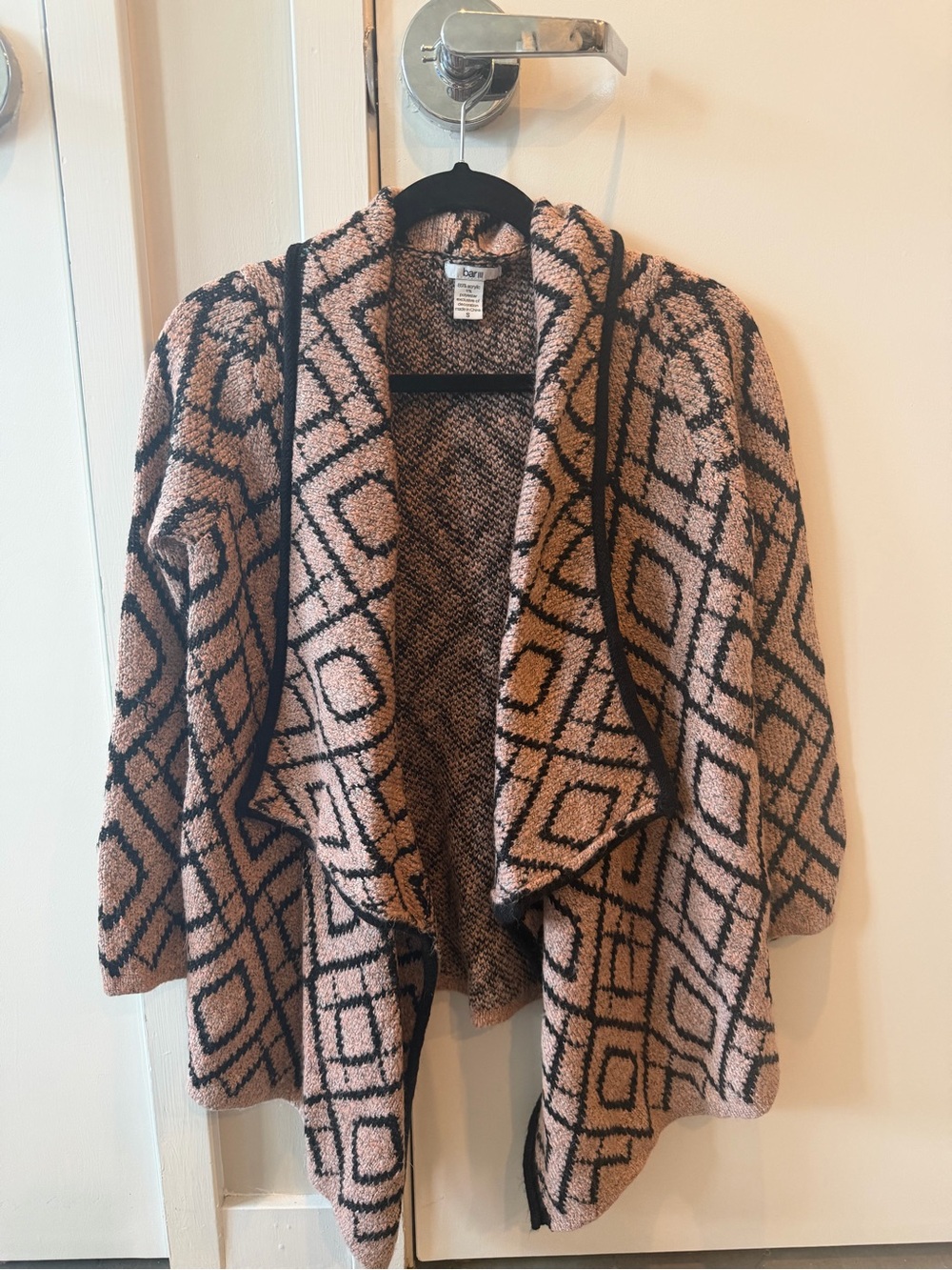 Bar III Blush Pink and Black Geometric Open-Front Cardigan